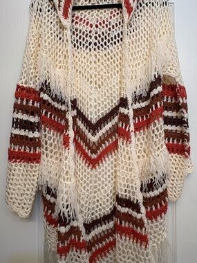 POL Boho Open-Knit Fringe Cardigan Sweater - Cream with Rust & Brown Stripes M